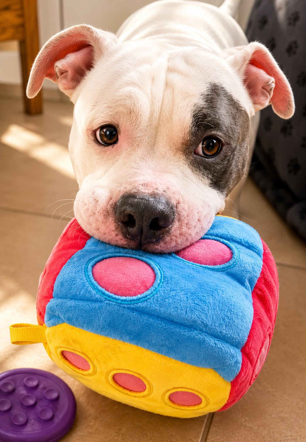 Maverick holding his colorful Pet Balloon enrichment toy